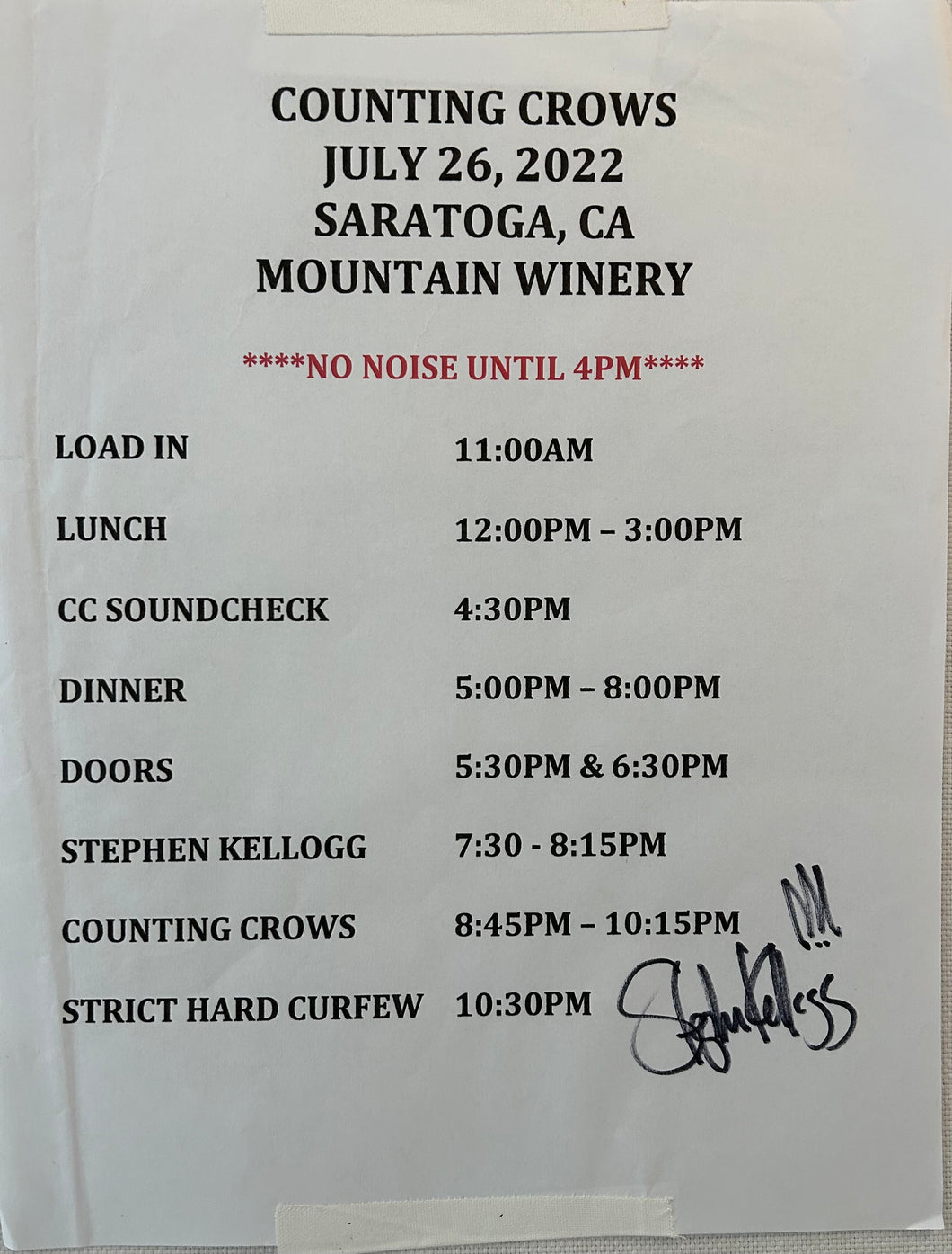Production Schedule For SK & Counting Crows 7/26/2022 (Autographed By SK)
